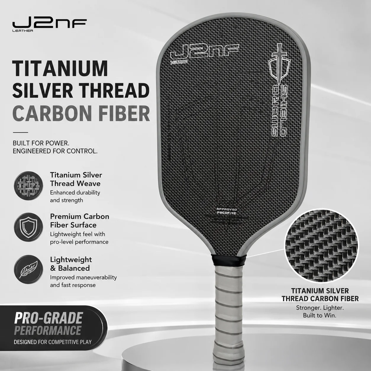 

Peak Titanium Silver Thread Carbon Fiber Pickleball Paddle with Matte Textured High Strength Offense Defense High Friction