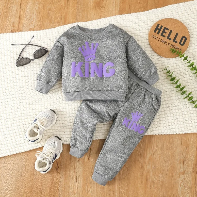 Newborn Infant Toddler Baby Boys Girls Cute KING Crown Print Graphic Sweatshirt Jogger Pants 2 Piece Tracksuit Set 0 36M