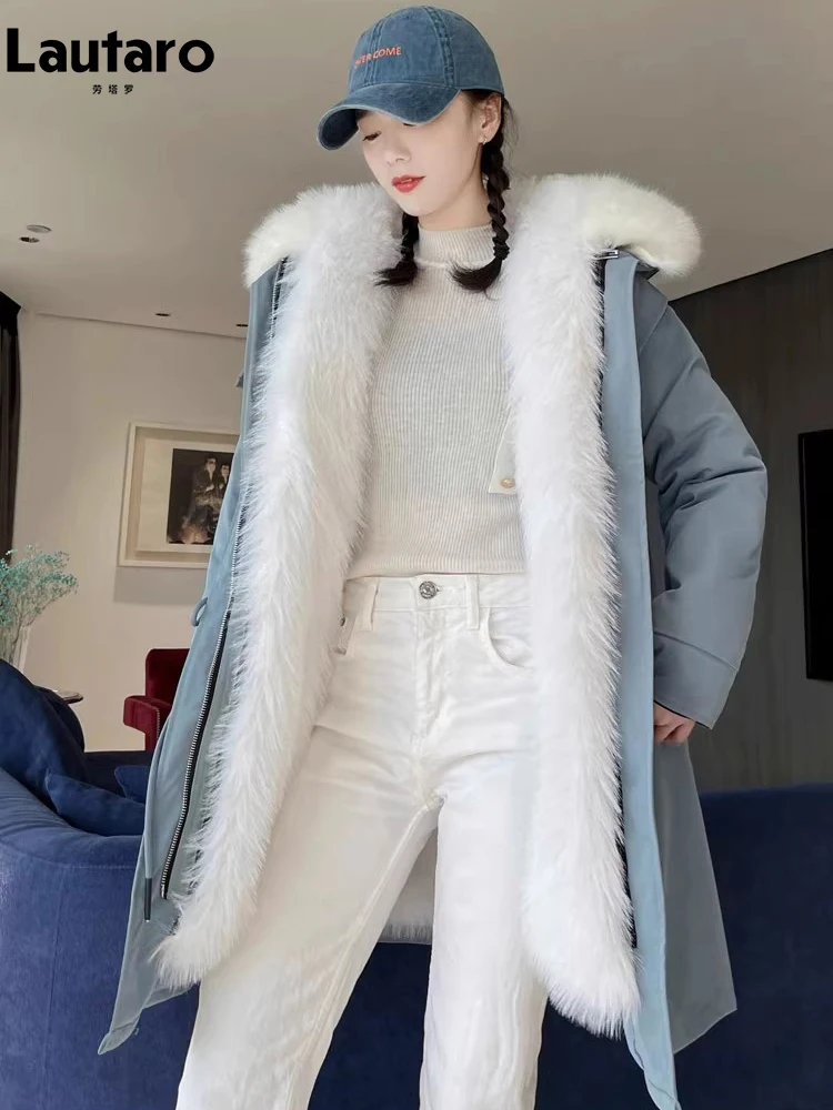 Lautaro Winter Long Thickened Warm Parka Women with Detachable Faux Fur Inside Furry Coat with Hood Zipper Long Sleeve 2023