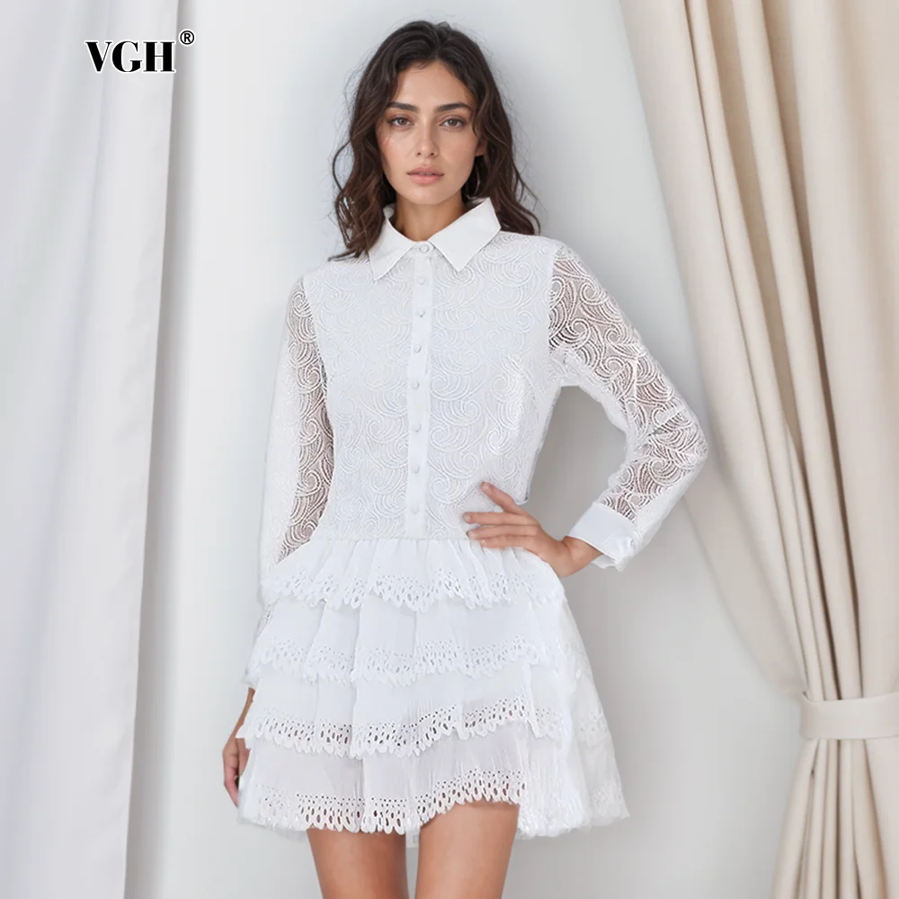 

VGH Elegant Patchwork Feather Dresses For Women V Neck Long Sleeve High Wiast Spliced Buttons Mini Dress Female Fashion Clothing