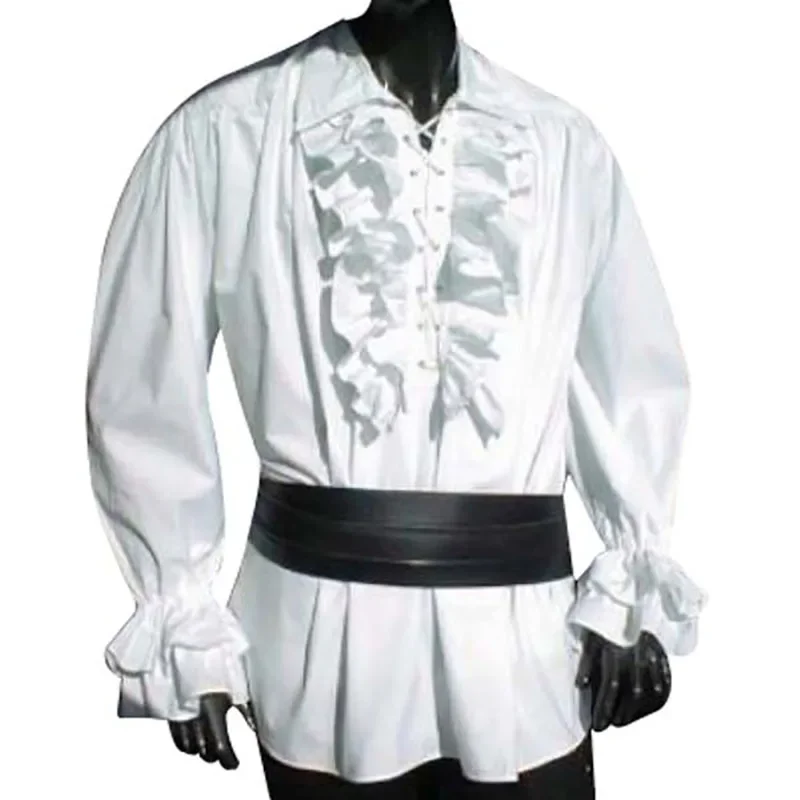 Halloween Medieval Pirate Costume Mens Ruffle Jabot Top Shirt Lace Up Pirate Victorian Colonial Cosplay Outfit For Adult Women