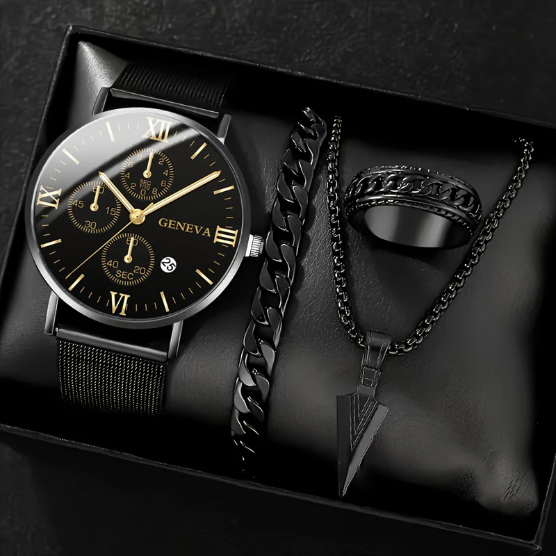 

4 шт. модные мужские кварцевые часы с подвеской в виде головы, ожерелье, браслет, кольцо, мужские деловые часы с сетчатым ремнем из нержавеющей стали