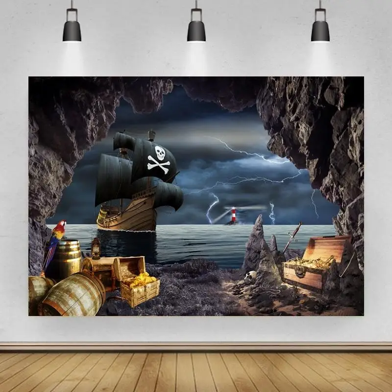 Stormy Pirate Ship Cave Treasure Portrait Photography Background Vinyl Backdrop Birthday Party Photocall Studio Props