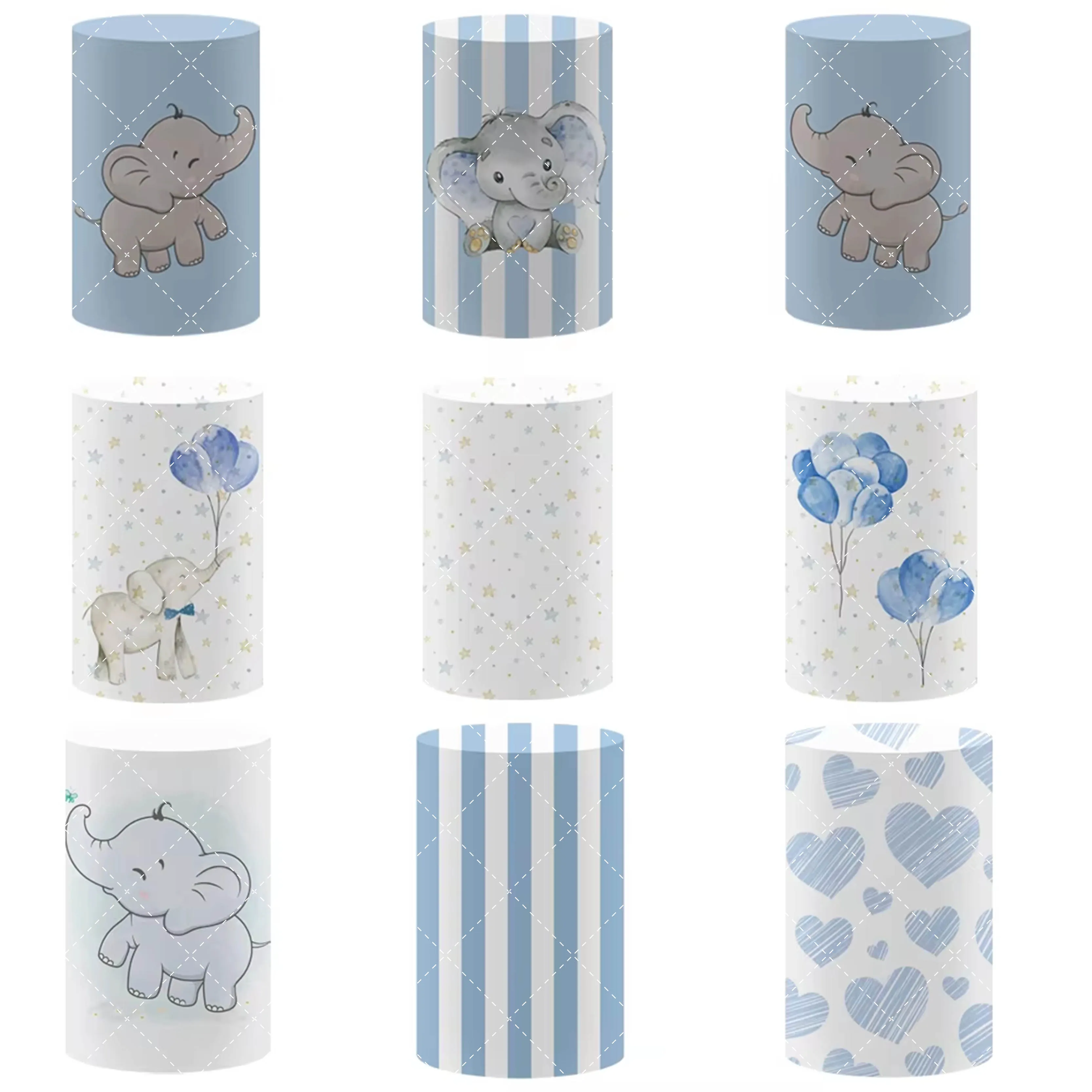 Mehofond Elephants Cylinder Covers for Newborn Birthday Party Decor Blue Pedestal Baby Shower Desserts Tablecloth Elastic Decor