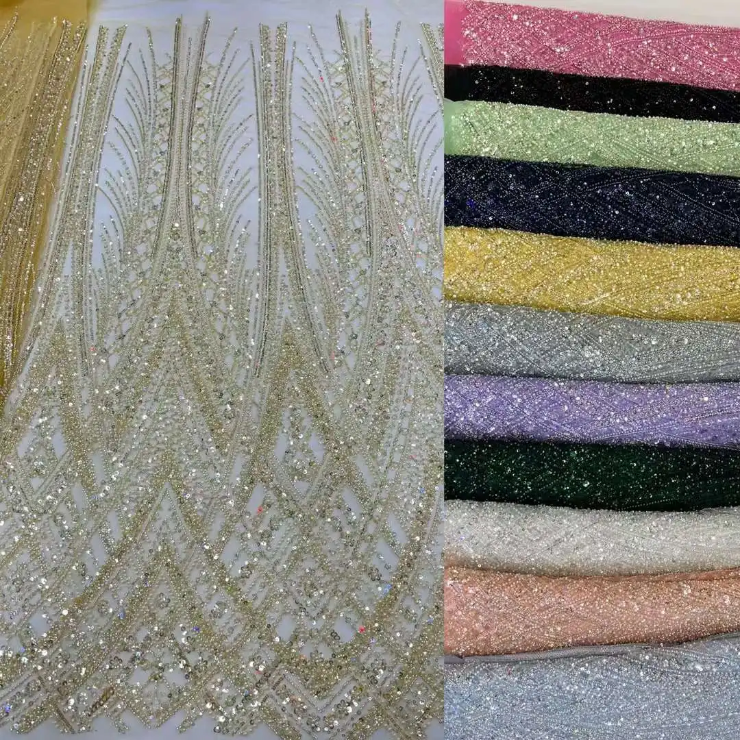 African Heavy Beaded Lace Fabric 2024 High Quality 5 Yards Sequins French Tulle Bead Lace Fabric For Nigeria Wedding Party Dress