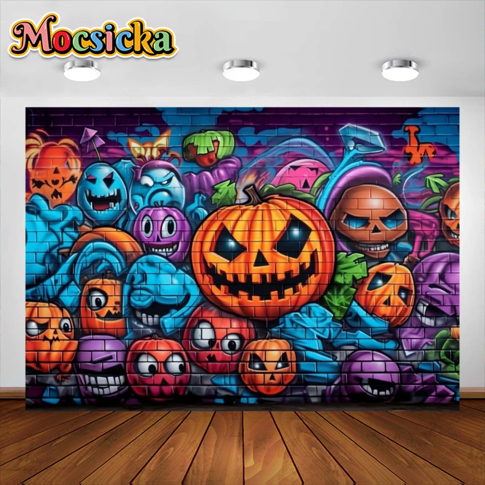 Halloween Photography Background Graffiti Wall Scary Pumpkin Matching Decoration Supplies Kids Portrait Photo Studio Props