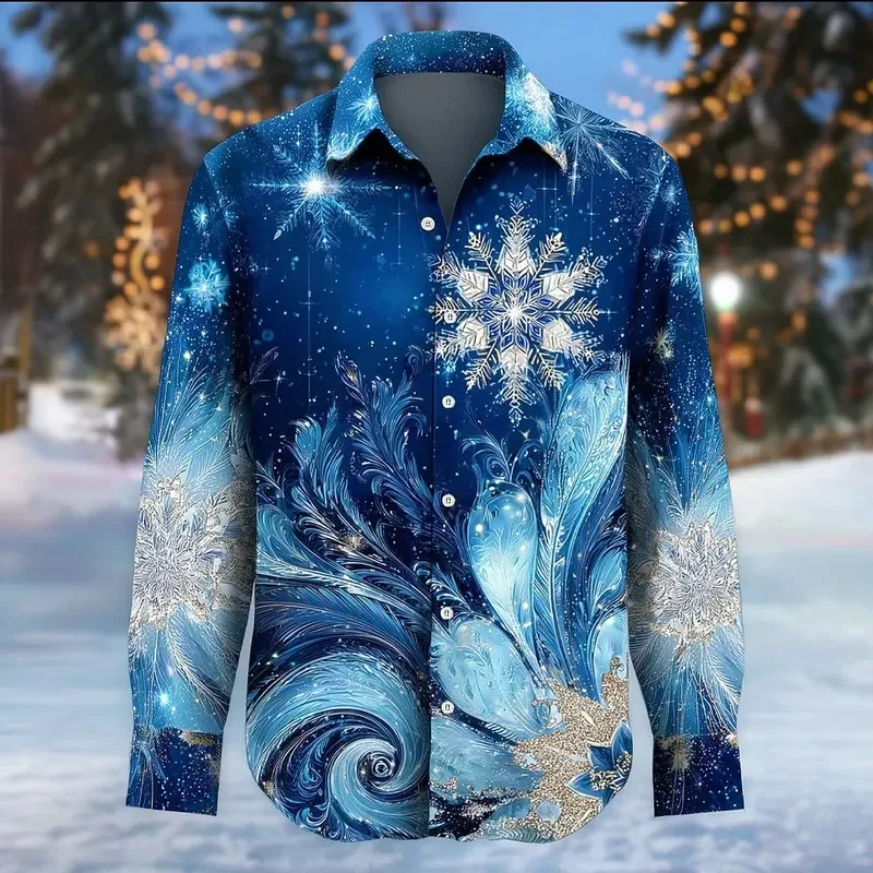Chemise à manches longues pour hommes, chemise de Costume de noël flocon de neige pour hommes, Streetwear décontracté, confortable, chemises ajustées en Polyester