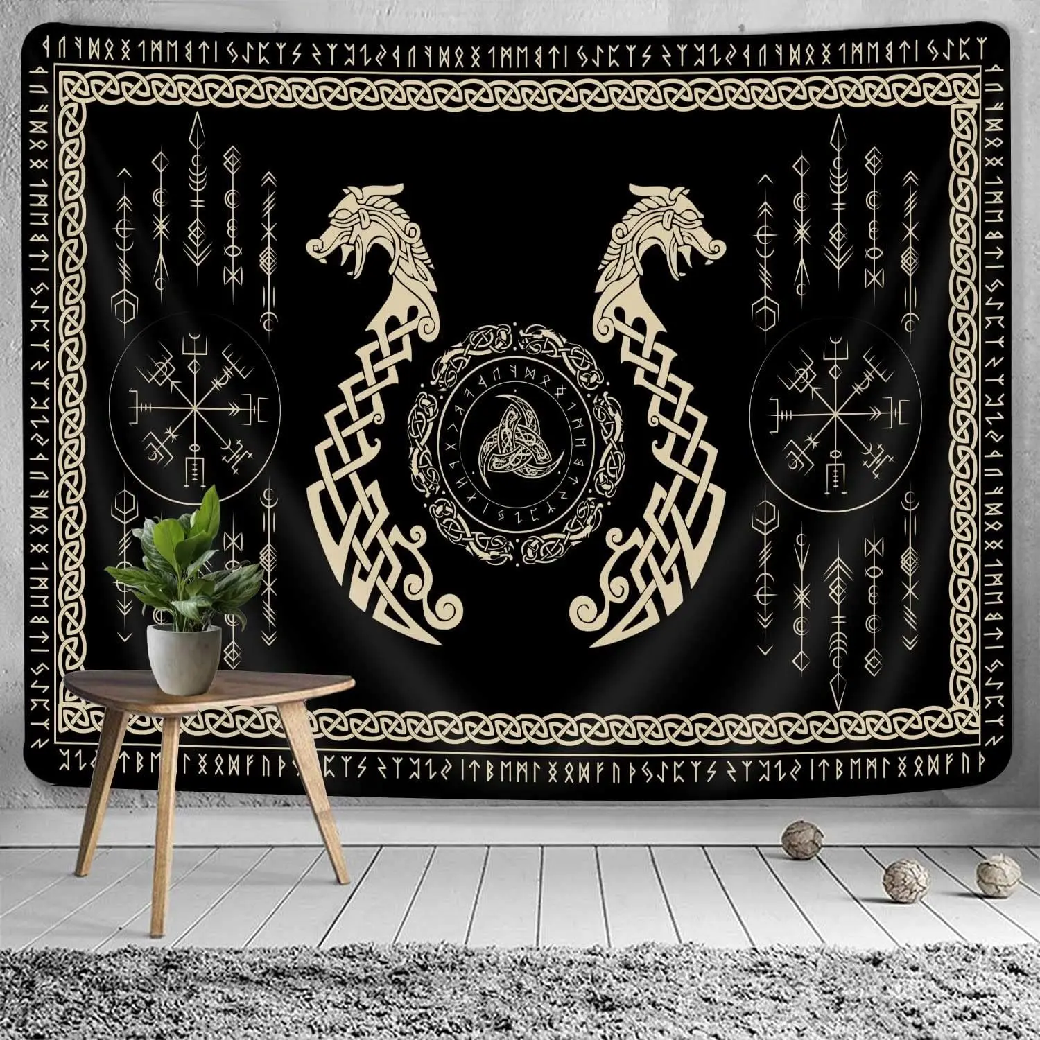 Viking Dragon Tapestry, Ancient Rune Dragon Totem Norse Mythology Wall Art Tapestries, Black White Mystical Geometric Norse