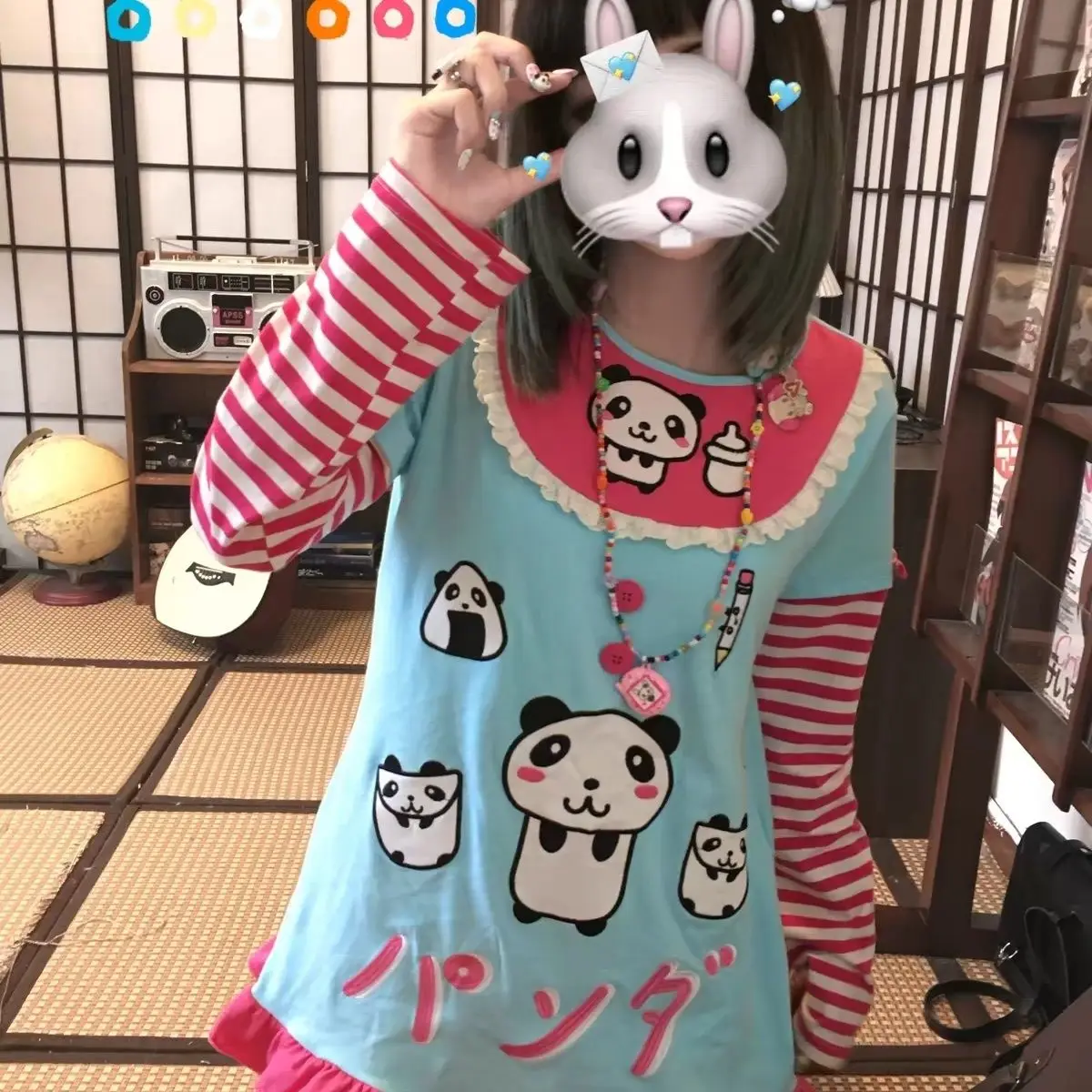 Harajuku Style Long Sleeve Striped T-Shirt Women's Flounce Hem Subculture Sweet Cool Top Panda Print Japanese Culture