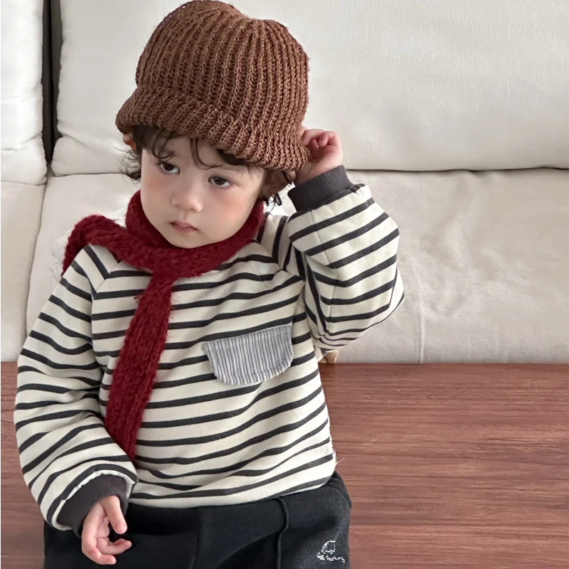 

Winter Toddler Baby Boys Cotton Striped Fleece Lined Shoulder Buckle Sweatshirt Kids Jumper Children Outfit Pullover Top 0-4 Yr