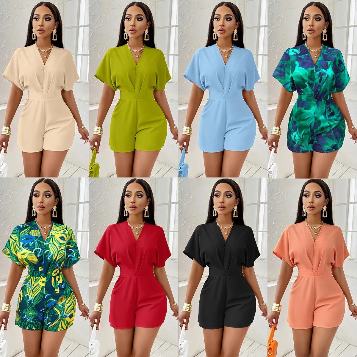 

New Pure Color Printed Rer V-Ne ort Sve Women's Jumpsuit Summer Faion Polyester Fiber Midi Waist Long Pants