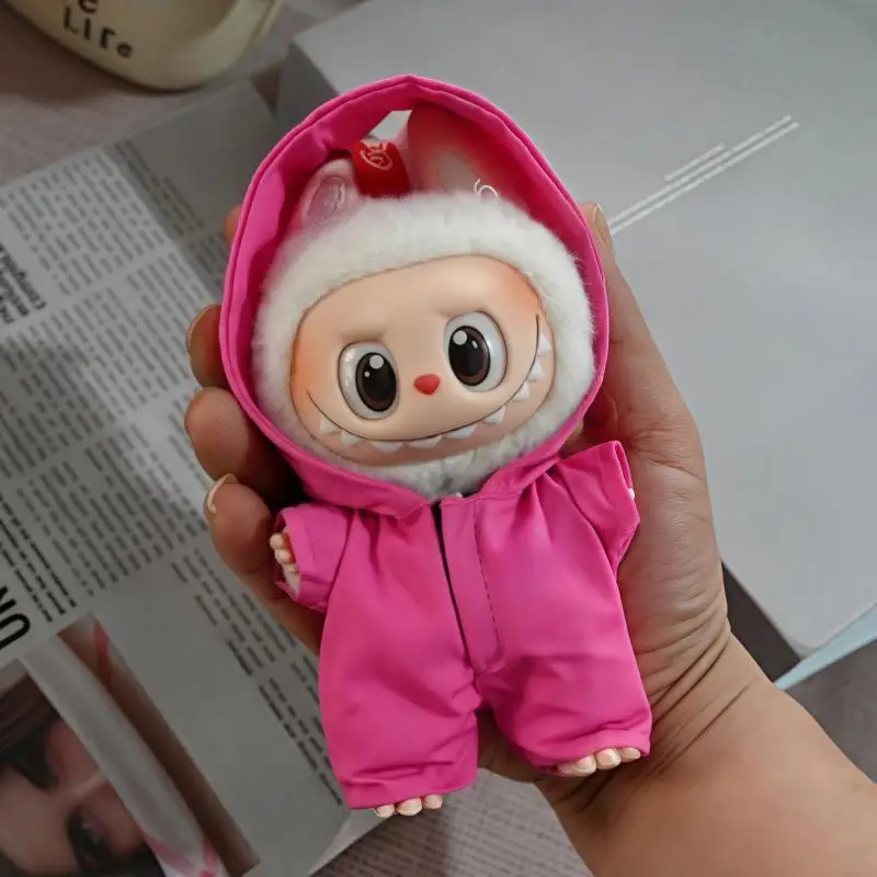 

One-Piece Suit For Labubu 17cm Doll Pink Black Sliver Solid Color Hoodie Set Cute Clothing Replacement Decoration Accessories