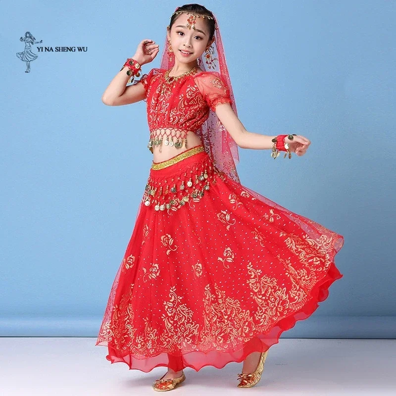 Childern Girl Belly Dance Costume Dress Indian Oriental Dance Sari Bollywood Bellydance Suit Performance kids Coins Top Belt