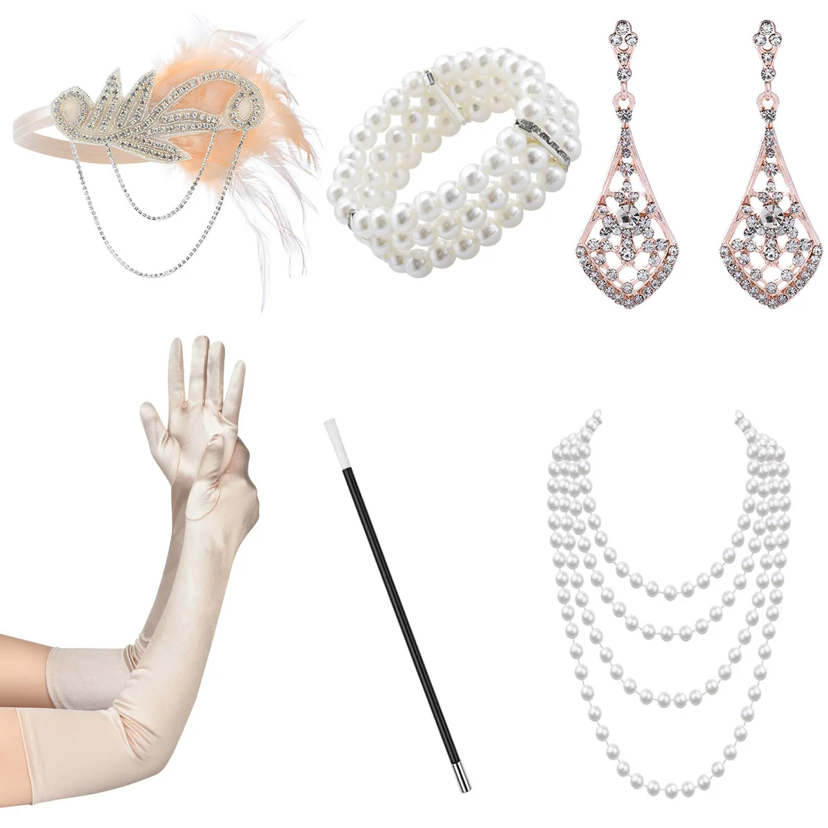 1920 Gatsby Makeup Ball Party Halloween Set Headband Gloves Smoke Rod Earrings Bracelet Necklace Combination