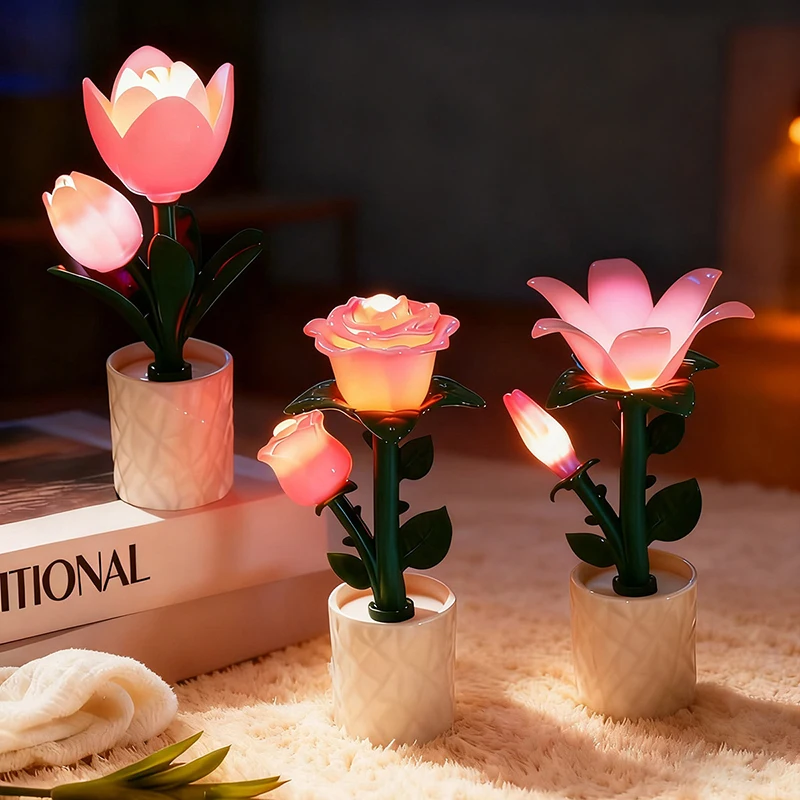 1pc Creative Building Block Tulip Rose Night Light DIY Table Lamp Ambient Light Desktop Ornament Creative Gift Suitable