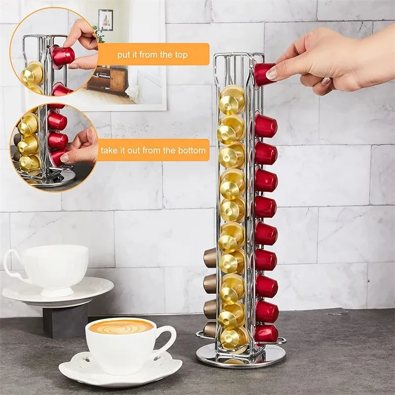 40 Pcs Nespresso Capsules Holder Rotating Rack Coffee Capsule Stand Coffee Pod Stainless Metal Storage Shelve Organization