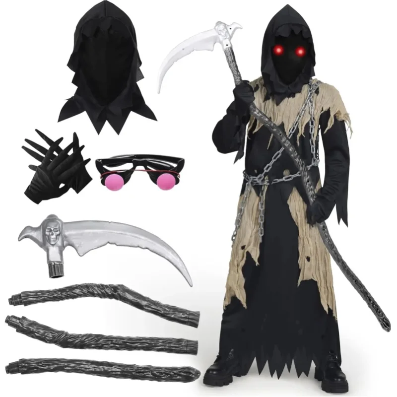 Sloosh Creations Leuchtende Augen Kinder-Todesengel-Kostüm, Halloween-Kostüm für Jungen, Todesengel-Outfit