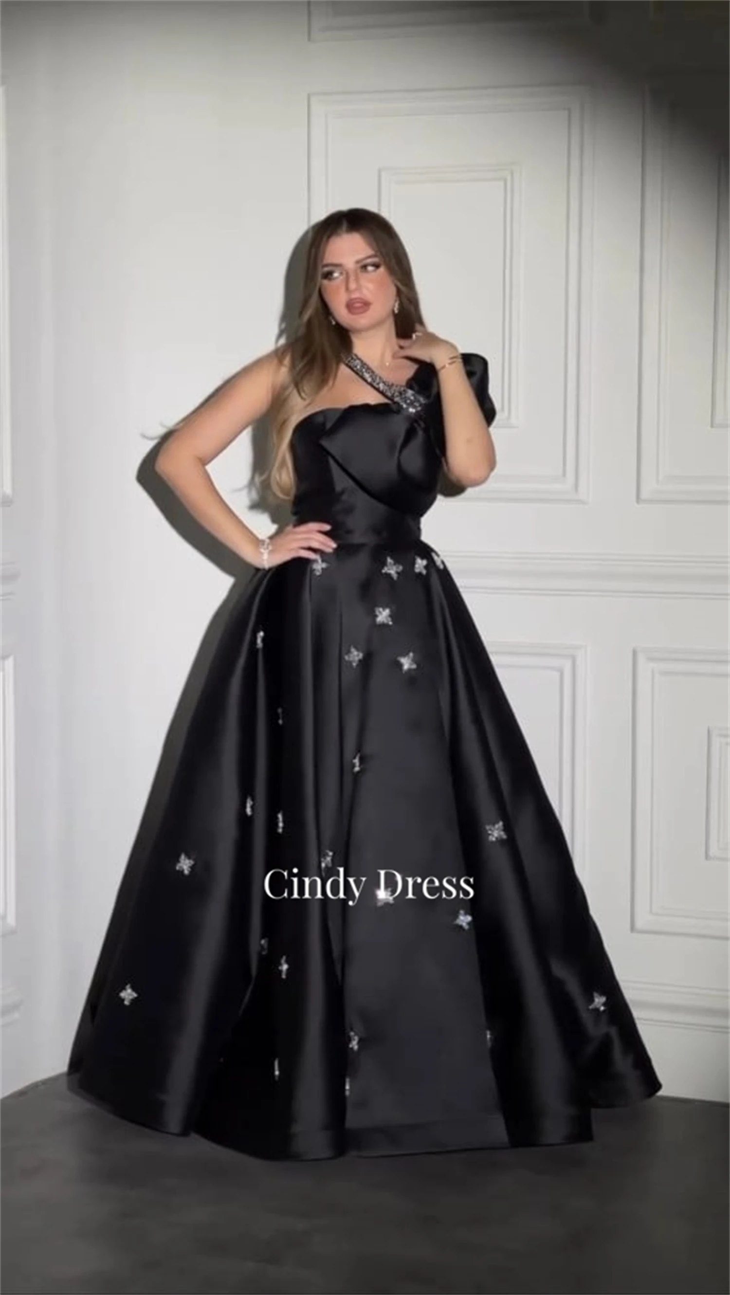 

Cindy Satin Black Luxurious Decoration One Shoulder Sleeve Eid Al-fitr Saudi Women Evening Dress Formal Dresses Prom Womens Gala