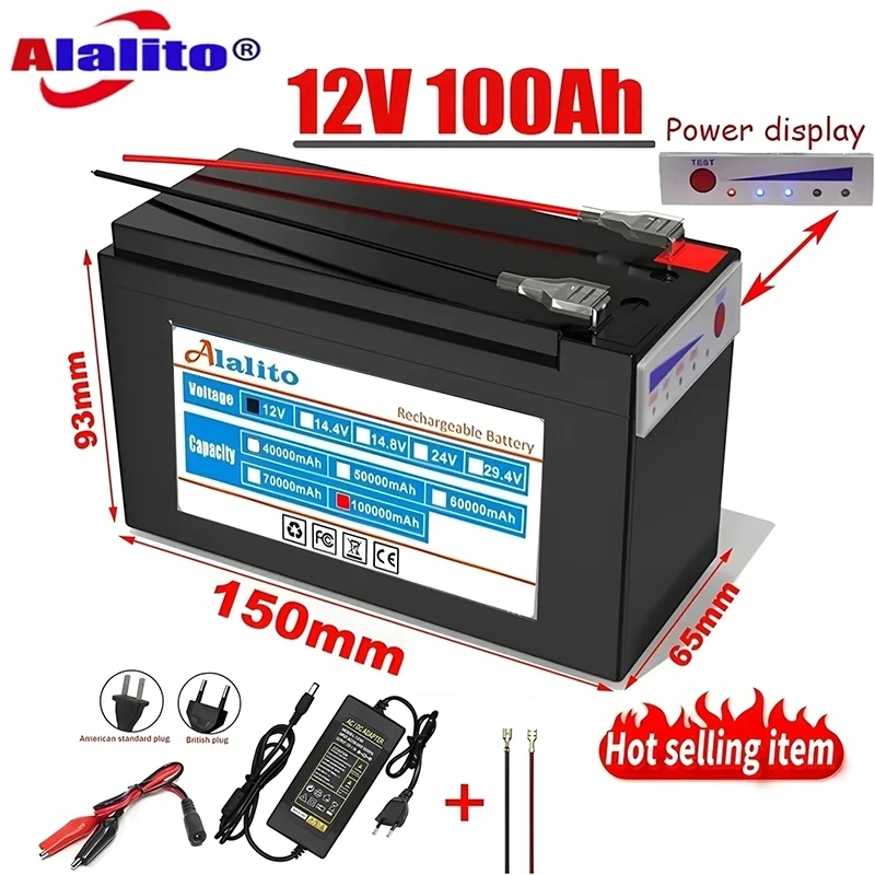 

12V 100Ah 18650 lithium battery for solar energy built-in high current 30A BMS electric vehicle battery+12.6V charger