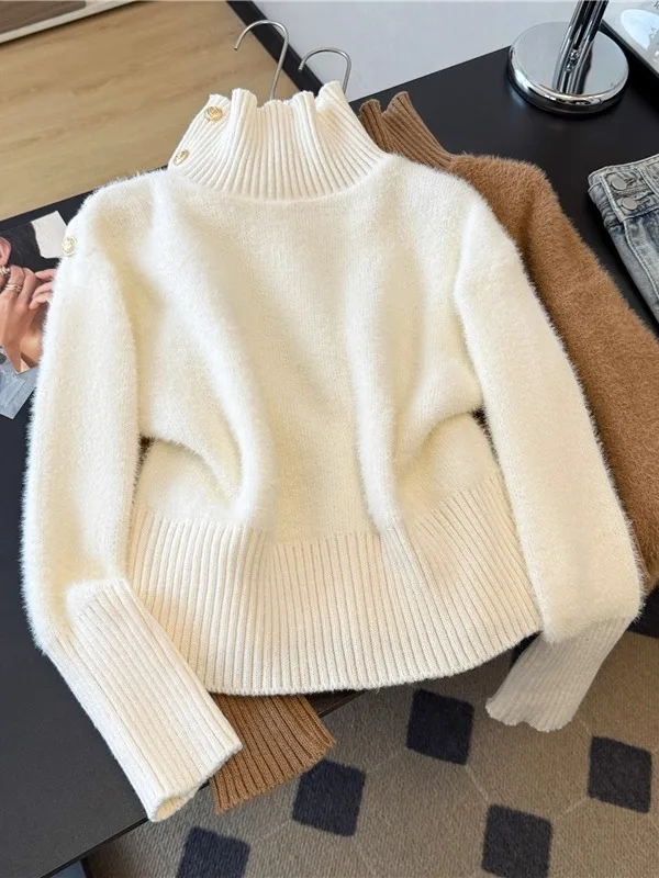 

Утепленный вязаный свитер с высоким воротником для женщин: осенне-зимний, теплый, уютный, облегающий, универсальный, модный