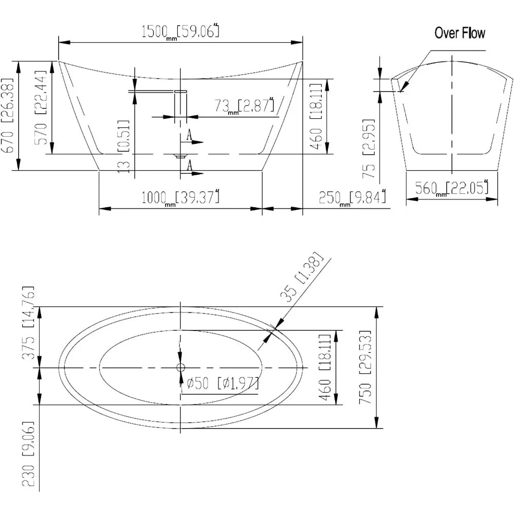 Acrylic Independent Bathtub 59 Inch Modern Independent Deep Immersion Bathtub with Overflow and Drainage Function, White