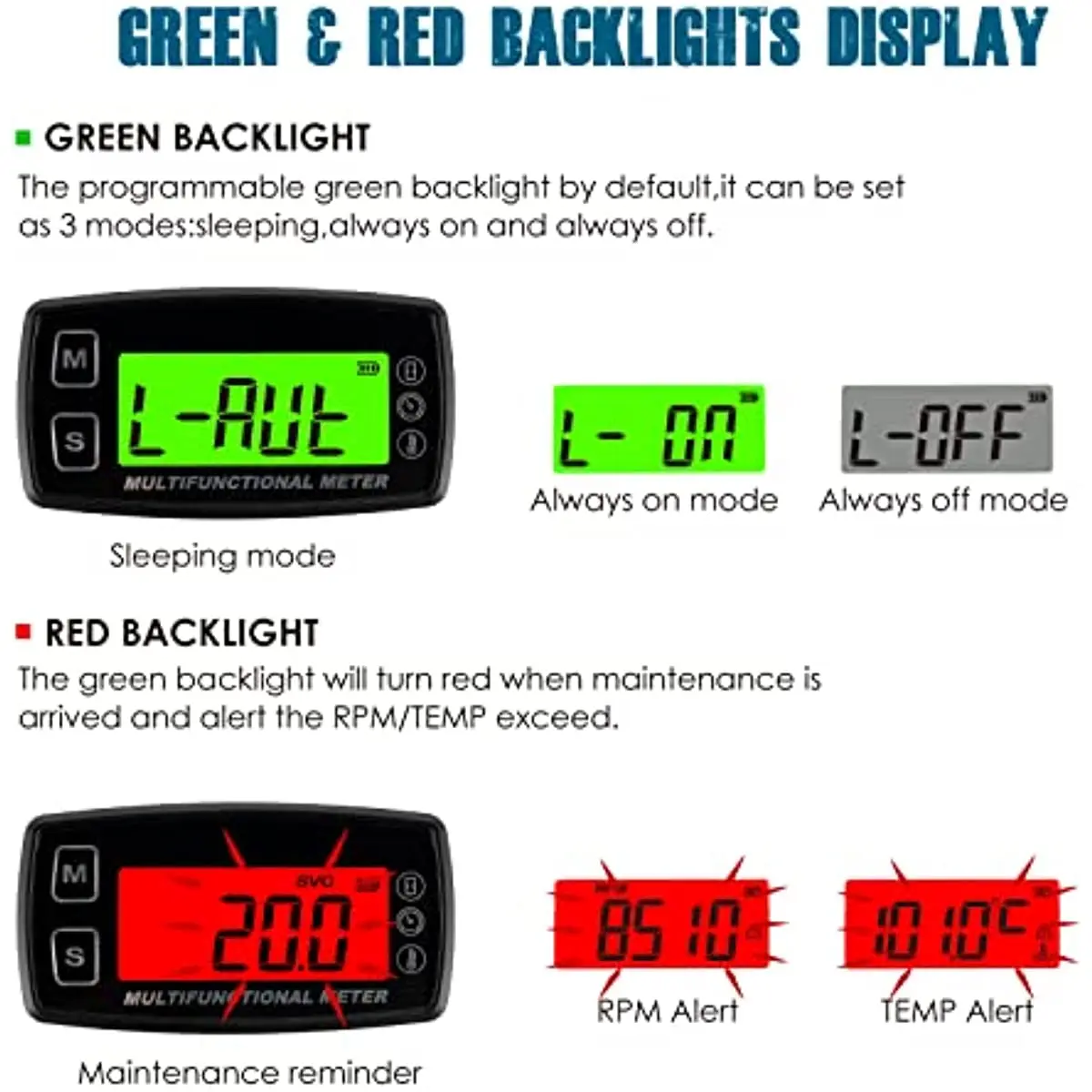 Digital Tach Hour Meter Thermometer LCD Temp-Meter for Gaslon Engine Motorcycle Marine Jet Boat Buggy Tractor Pit Bike Paramotor