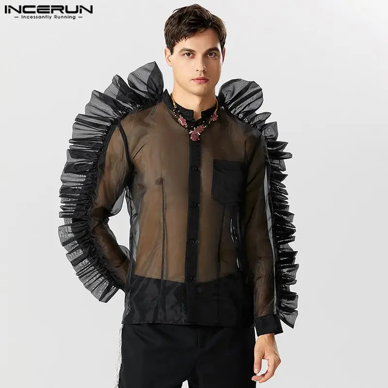 Casual Stylish Style Tops INCERUN Men's Fashion Sexy Pleated Mesh Shirts Handsome Male Patchwork Long Sleeved Blouse S-5XL 2023