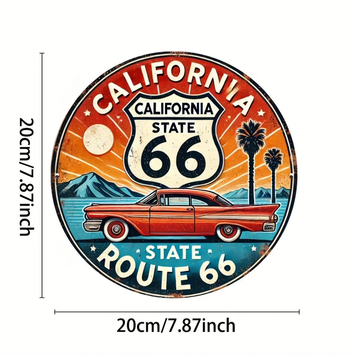 لافتة معدنية مسطحة مطبوعة 2D 7.8X7.8 بوصة (20 × 20 سم) 2D، لافتة معدنية عتيقة طريق كاليفورنيا 66 - لوحة فنية جدارية كلاسيكية مستديرة، مثالية f