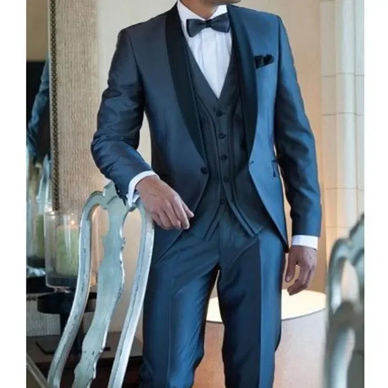 2024 Grey Satin Formal Wedding Elegant Men Suit Groom Tuxedo Prom Blazer Hombre High Quality Custom 3 Piece Set Costume Homme