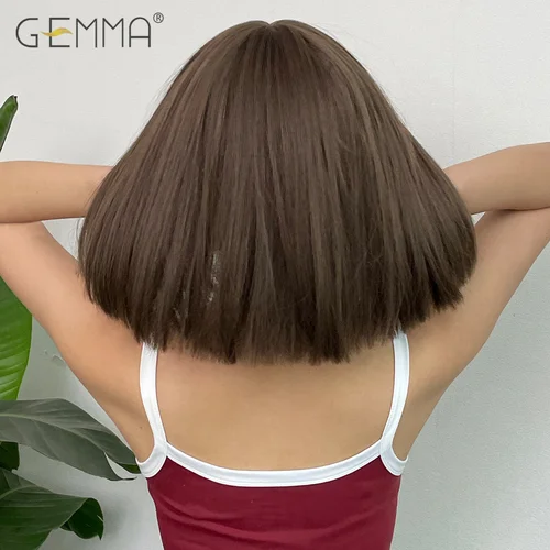 Imagen 2 del producto GEMMA-Peluca de pelo Natural sintético para mujer, pelo liso y corto con flequillo esponjoso, color marrón oscuro, resistente al calor, para Cosplay diario