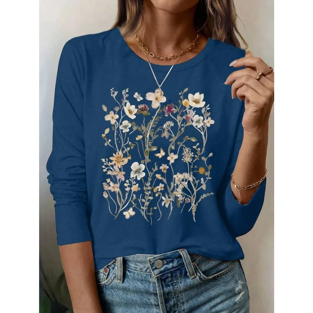 

Fashion Women's Long Sleeve Beautiful Flower Clusters Printed Short Sleeve Round Neck Breathable Oversize Casual Female Clothing