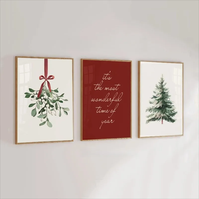 3pcs Modern Christmas Wall Art Prints Mistletoe Red Holiday Quote Snowy Pine Tree Minimal Winter Home Decor Unframed Canvas