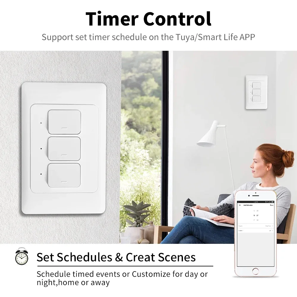 Tuya WiFi Smart Wall Switch Push Button Switches 1/2/3 Gang NO Neutral Wire &Neutral Wire Physical Interruptor Google Home Alexa