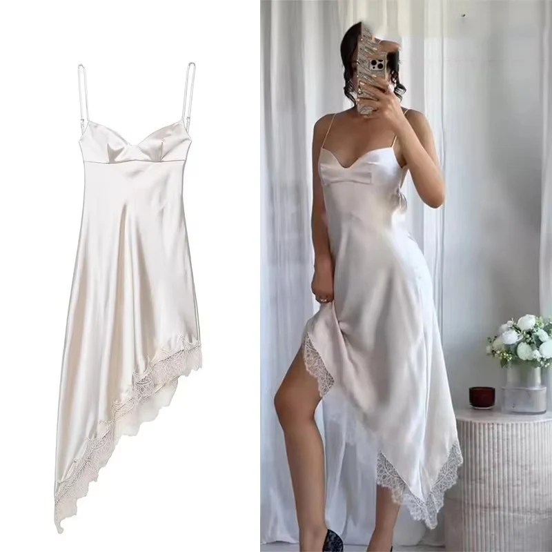 فستان نسائي مثير من الدانتيل الساتان أنيق طويل بحاشية غير متماثلة فستان جديد لصيف 2025 فساتين حفلات العطلات والشاطئ #1