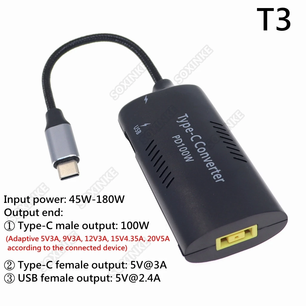 Adaptador USB C a Punta Delgada, cargador cuadrado de 100W, convertidor a tipo C para Lenovo Thinkpad, Samsung S8/S9/Note, Surface