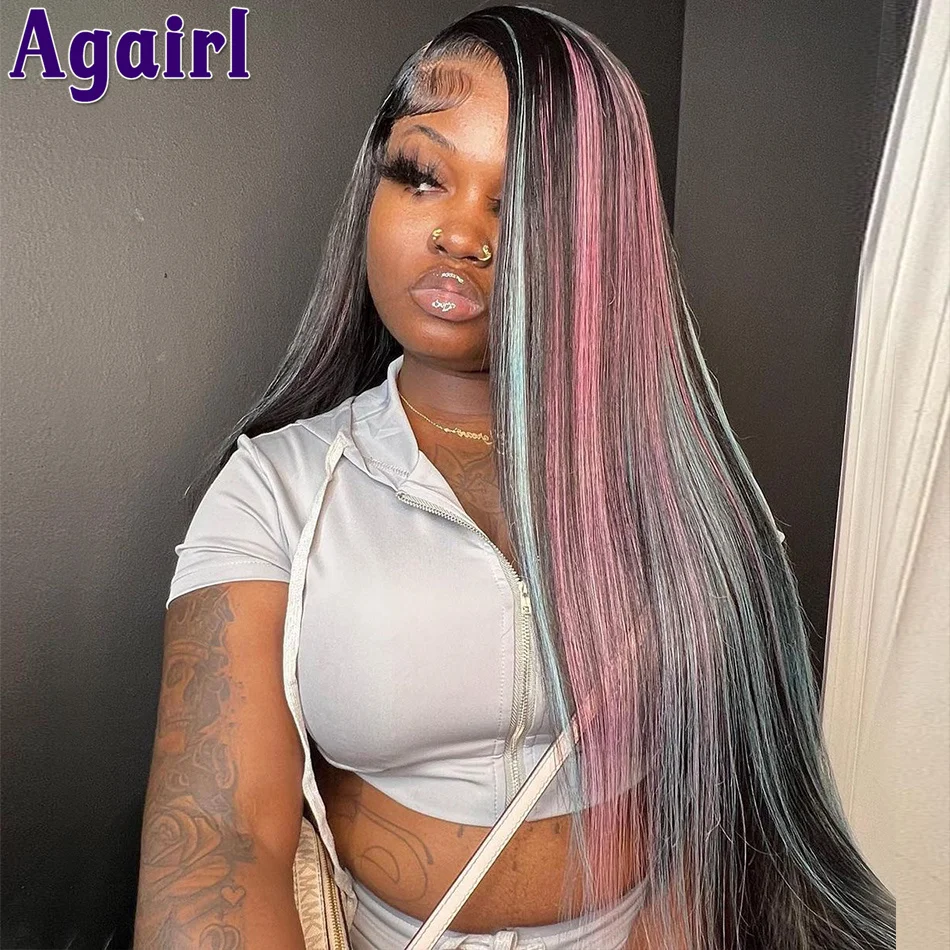 28 30 Inch 180% Density 13X6 Human Hair Lace Frontal Wigs for Women Highlight Pink with Green Color 13X4 Straight Lace Front Wig