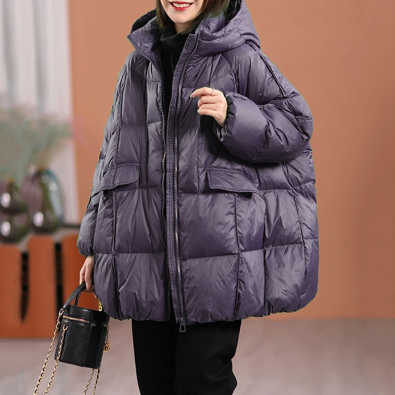 2023 New Women White Duck Down Jacket with Hood Autumn Winter Warm Outwear Casual Loose Over Size Outwear Thick Coat Jackets