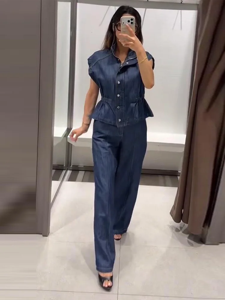 Ärmelloses Jeanswesten-Hosen-Set für Damen mit elastischem Bund, Stehkragen-Oberteil mit Knopfleiste und gerader Hose – Schickes Streetwear-Outfit für die moderne Dame – Detail 12