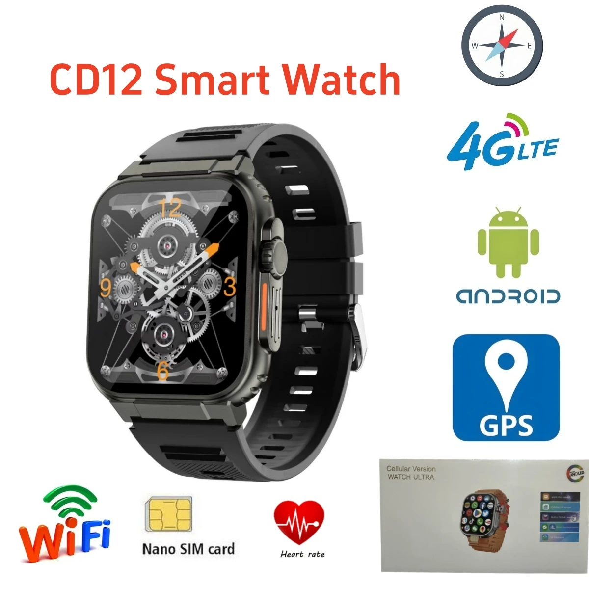 CD12 Ultra 2000mAh Standby King Smart watch 4G Android 10.0 Wifi GPS Camera Google Play App da 2,26 pollici Scarica SmartWatch