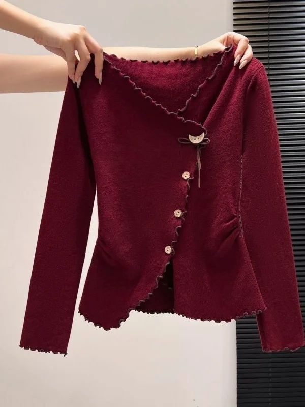 

Ретро-кардиган красного цвета с V-образным вырезом, вязаный, для женщин, базовая модель, осенняя новинка, с дизайнерскими складками, топ из полиэфирного волокна