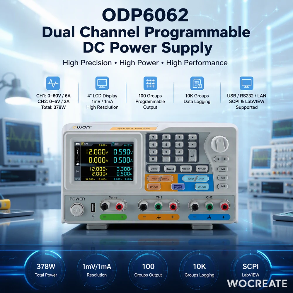 OWON ODP6062 Programmable DC Power Supply Dual Output 0-60V 6A 0-6V 3A 378W Bench Lab Power Supply 1mV 1mA USB RS232 LAN SCPI