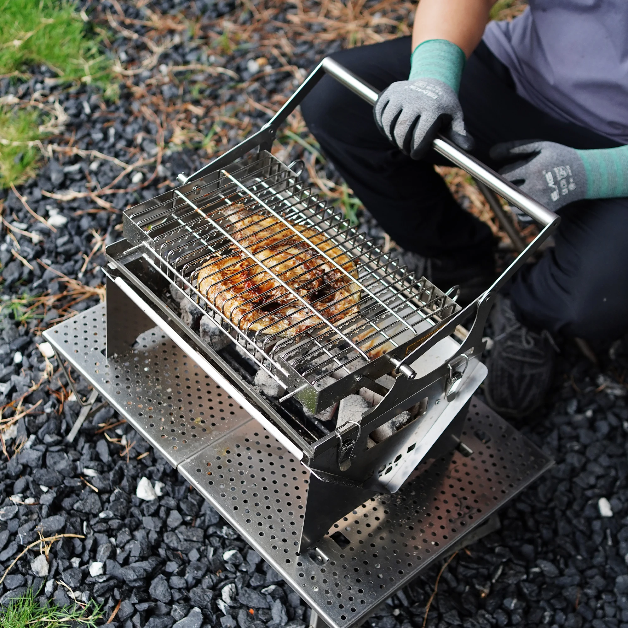 

360° Rotating Portable Charcoal BBQ Grill Stainless Steel Outdoor Camping Folding Flip BBQ for Picnic