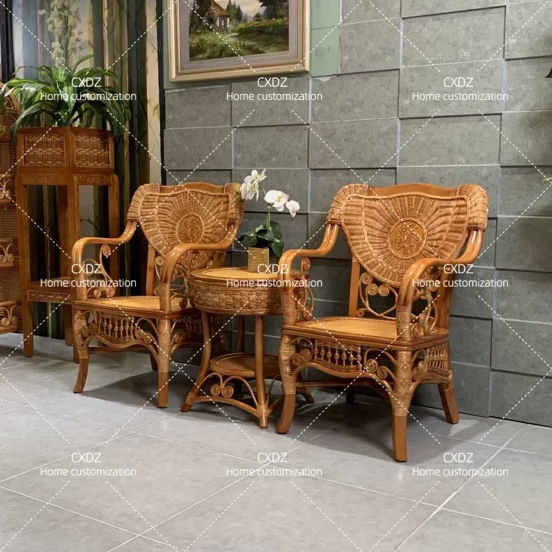 Natural Rattan Chair Set 3 Piece Balcony Leisure Furniture with Backrest Comfortable Seating for Elderly Tea Table and Chair