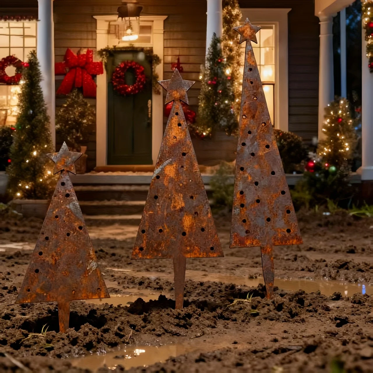 [2D Flat] 3pcs Vintage Patina Cast Iron Christmas Tree Outdoor Garden Ground Plug Ornament, Garden Stake - Farmhouse Decor