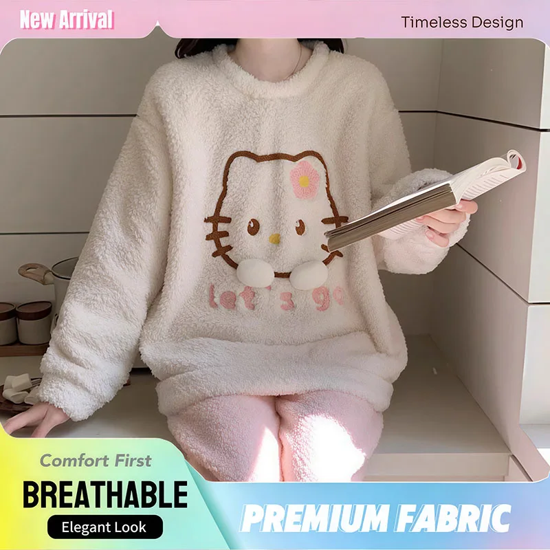 

Комплект женской пижамы Sanrio Hello Kitty: осенне-зимний, новый, утолщенный фланелевый, милый, теплый, уютный домашний костюм для сна и отдыха, можно носить и на улице