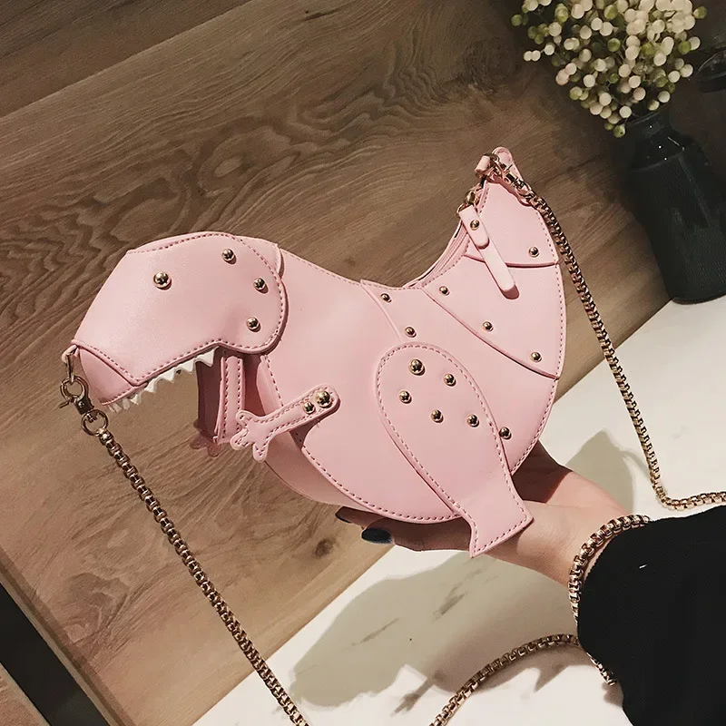 Borse a tracolla con dinosauro 3D Decorazione con rivetti Borse a tracolla divertenti Borsa creativa per animali dei cartoni animati Borsa da donna alla moda con personalità carina