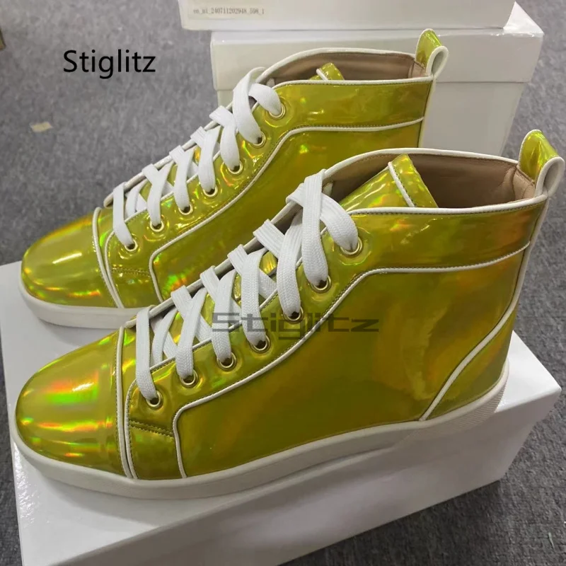 Fluorescent Green Men's High Top Sneakers Round Toe Flats with Lace-Up Leather Casual Shoes Spring Autumn Fashion Catwalk Shoes