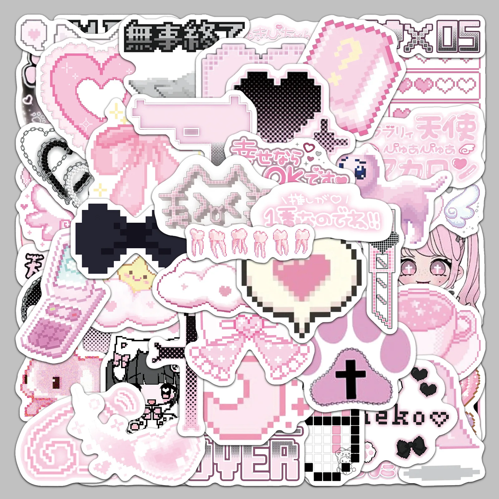 50PCS Pixel style Cartoon Stickers Black Gothic Graffiti Pink DIY Decoration Laptop Phone Guitar Car Bike Decals Kids Toys Gift
