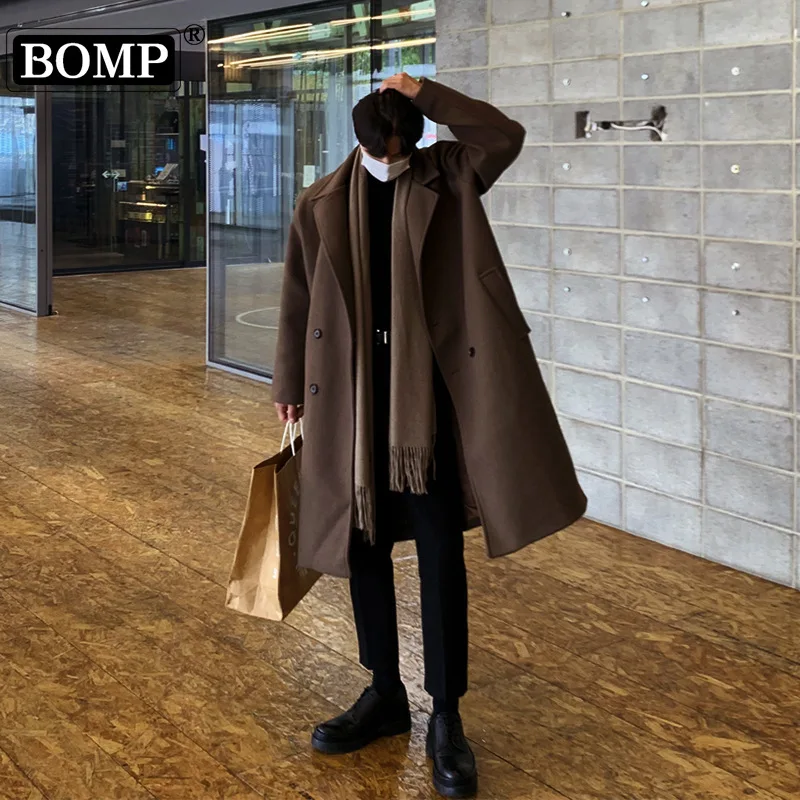 [bomp] Double Breasted Men's Winter Handsome British Style Medium Long Thick Korean Version Windbreaker Woolen Coat