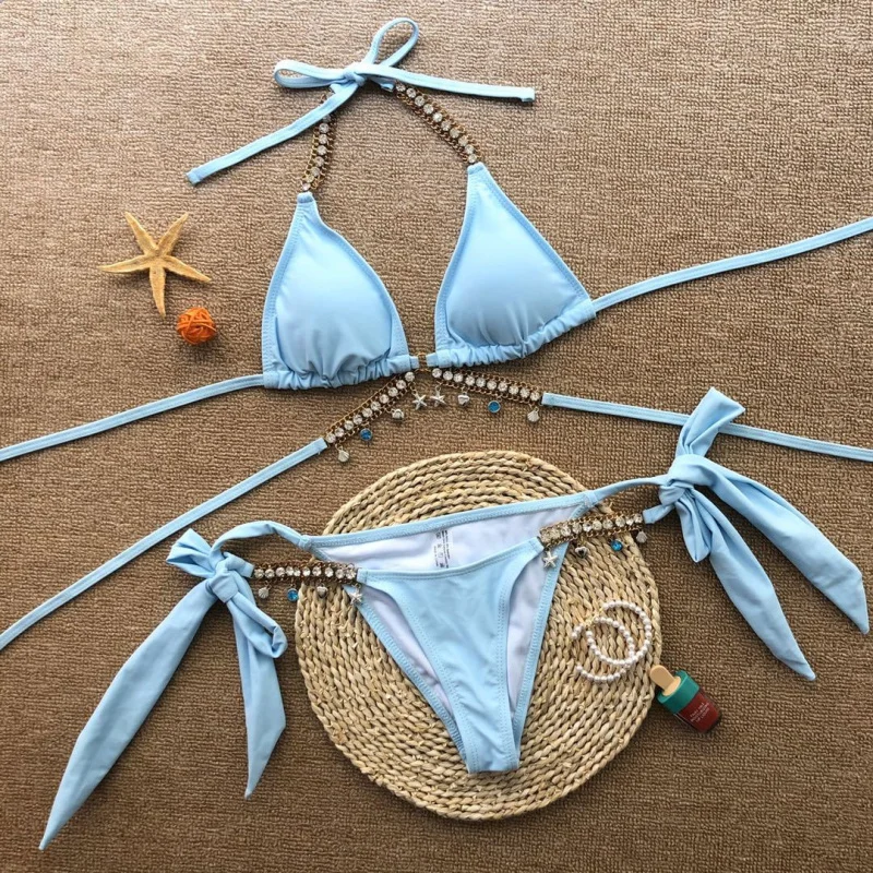 Two-Piece Swimsuit Lake Blue Crystal Diamond SexybikiniBikini Swimsuit